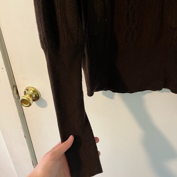 Alice + Olivia Brown Cable Knit Puff Sleeve Cashmere Turtleneck Sweater - Picture 9 of 9